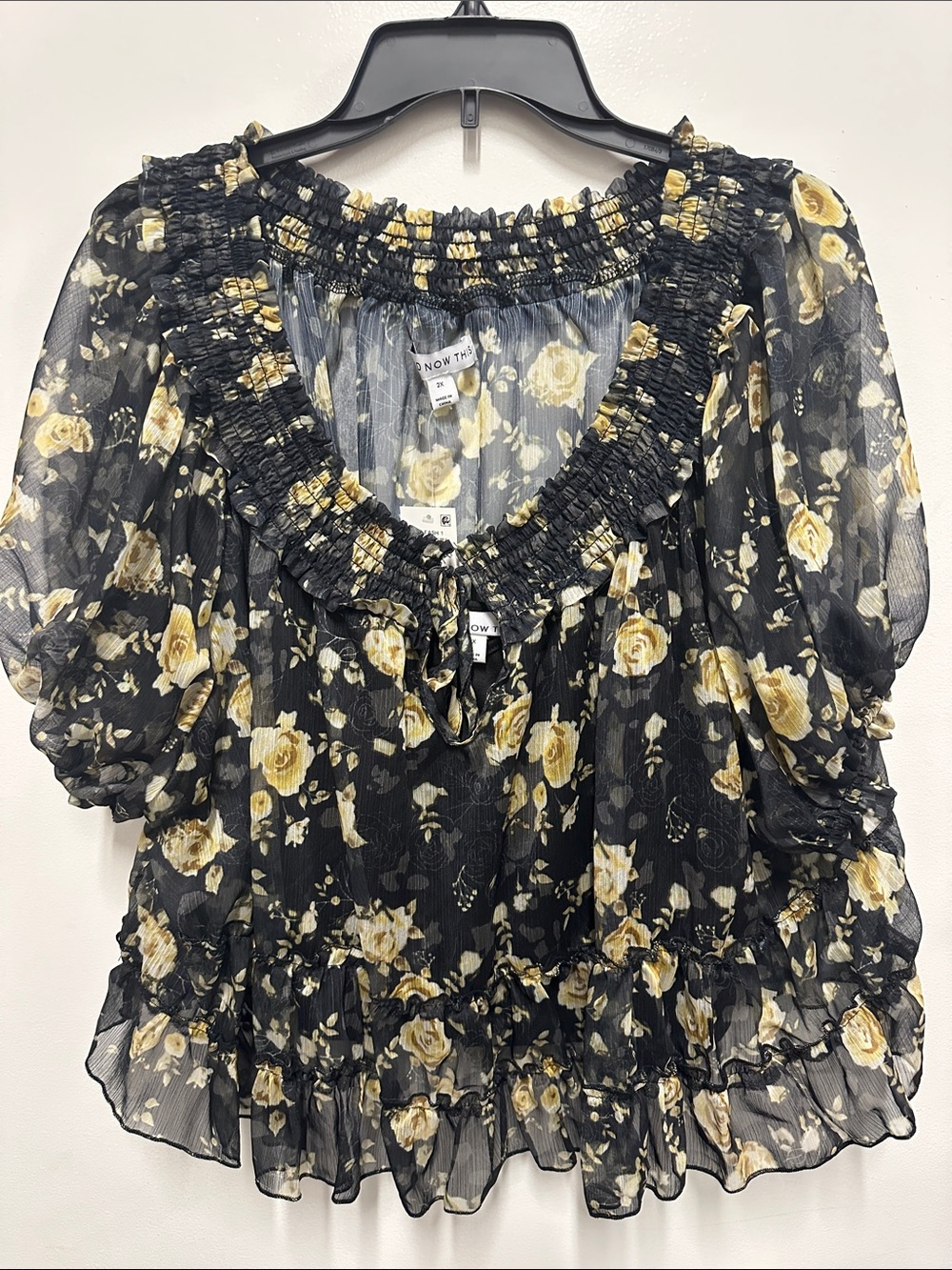 Black Floral Smocked Ruffle Blouse with Yellow Roses